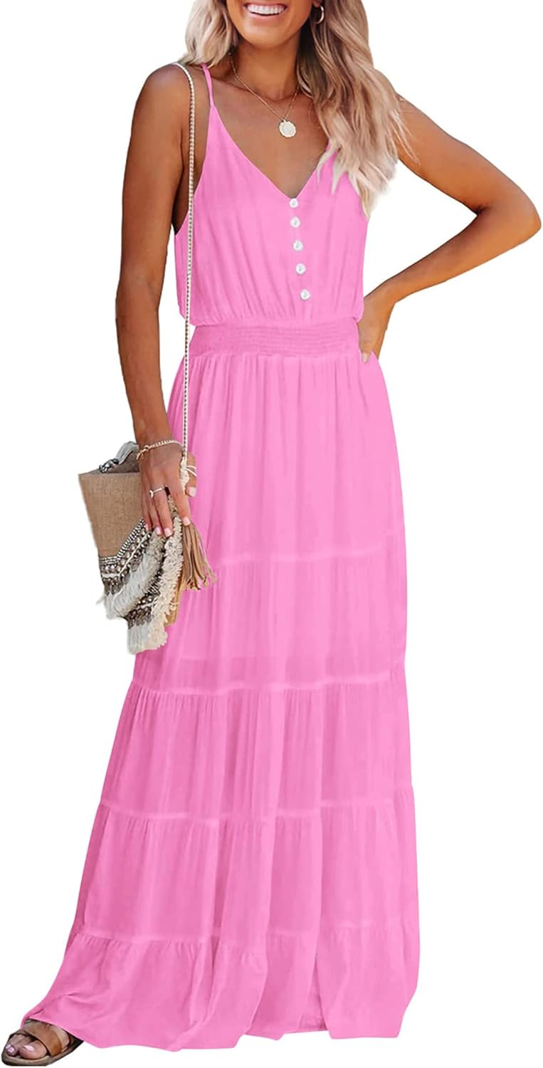 PRETTYGARDEN Sundress for Women 2025 Summer Spaghetti Strap Sleeveless High Waist Beach Long Maxi Dresses