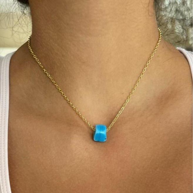 Protect Your Peace 18k Gold Plated Adjustable Chain and Turquoise Glass Bead Necklace For All Genders - Vibrant Hue, Protective Properties, 3 Chain Lengths