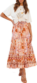 ZESICA Women's 2025 Summer Bohemian Floral Printed Elastic Waist A Line Maxi Skirt with Pockets