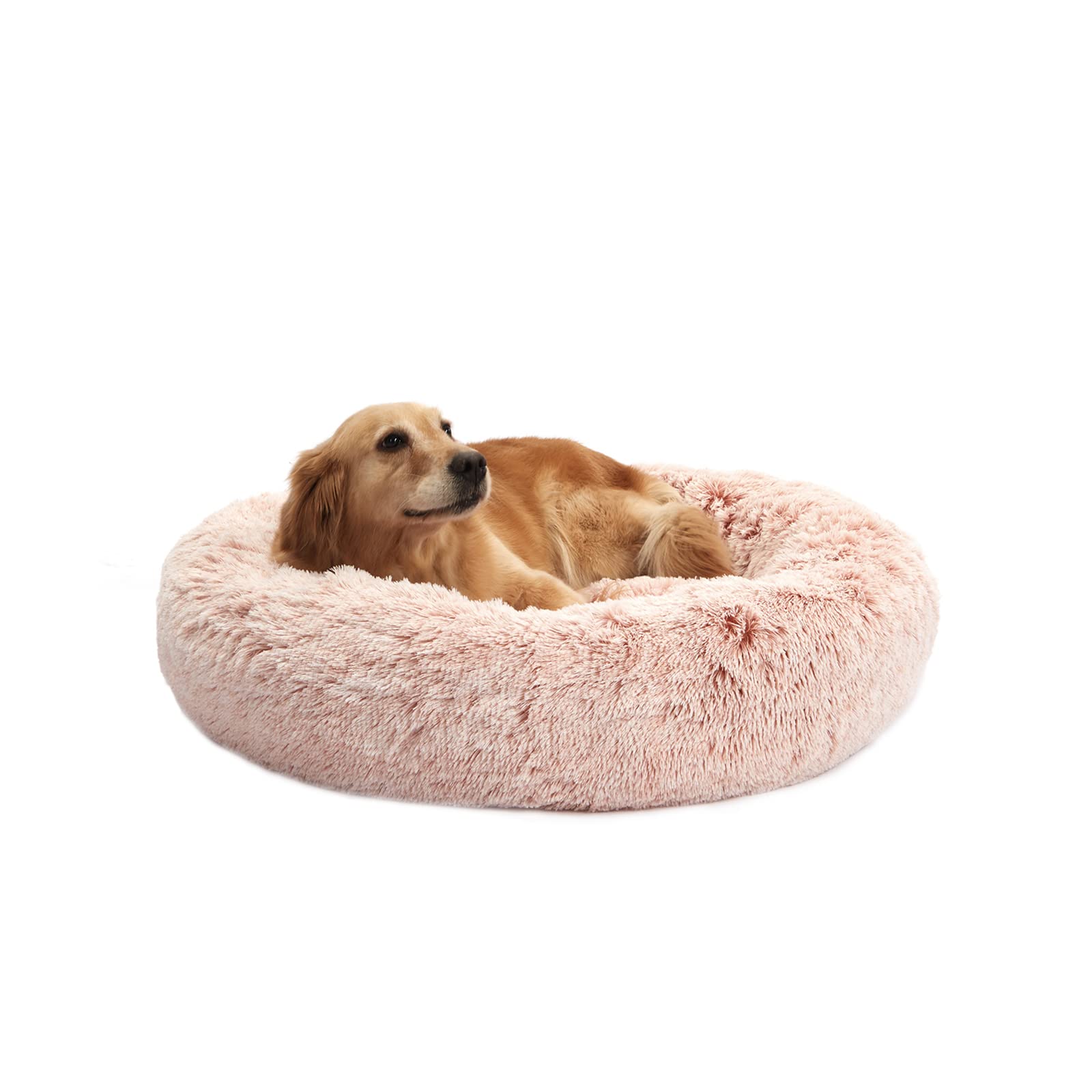 Bedfolks Calming Donut Dog Bed, 45-Inch Round Plush Anti-Anxiety Dog Bed, Washable with Non-Slip Bottom (Pink, Extra Large)