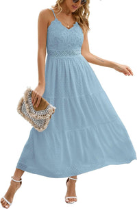 Dokuritu Women's Beach Crochet Lace Maxi Dress Solid Color Summer Vacation Spaghetti Strap Long Dress 2024