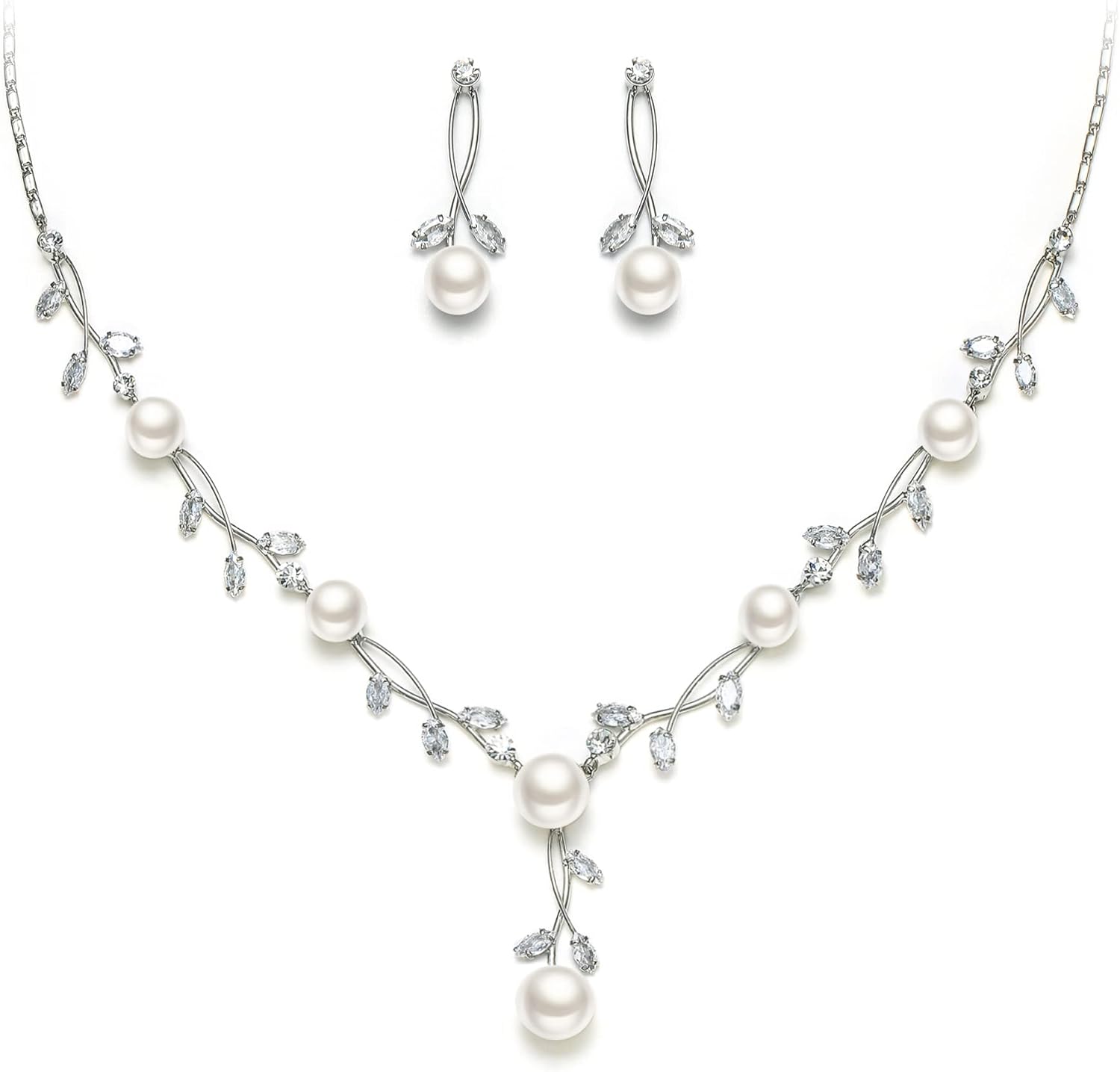 EVER FAITH Wedding Pearl Jewelry for Bride CZ Crystal Simulated Pearls Floral Vine Filigree Bridal Necklace Earrings Set