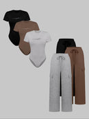 Women's Shortsleeve Bodysuit & Drawstring Waist Pants Set, Fitted Casual Style Round Neck Snap Bodysuit & Pocket Trousers, Minimalist Clothes for All Seasons, Y2k Statement Outfits Set, Womenswear, Basic Casual Matching Yoga Clothes Set