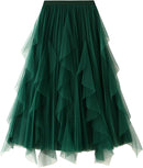 Dirholl Women's A-Line Fairy Patterned Elastic Waist Ruffle Mesh Layered Midi Skirt