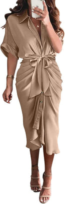 BTFBM Women Button Down Ruched Shirt Dresses Satin Short Sleeve Lapel V Neck Summer Maxi Dress 2025 Party Wedding Guest