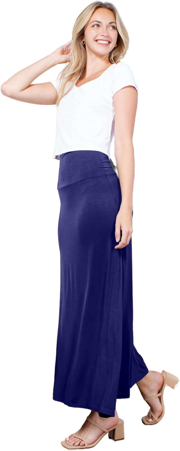 Azules Women's Maxi Skirt: Elegant, Soft, Stretchy Flowy Rayon Boho, High Waist Fold Over – Versatile for Any Occasion.