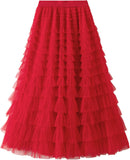 Dirholl Women's A-Line Fairy Patterned Elastic Waist Ruffle Mesh Layered Midi Skirt