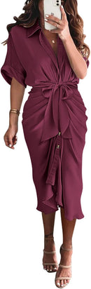BTFBM Women Button Down Ruched Shirt Dresses Satin Short Sleeve Lapel V Neck Summer Maxi Dress 2025 Party Wedding Guest