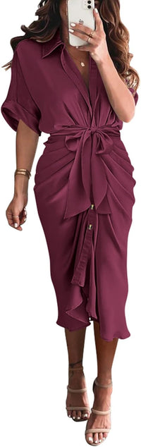 BTFBM Women Button Down Ruched Shirt Dresses Satin Short Sleeve Lapel V Neck Summer Maxi Dress 2025 Party Wedding Guest