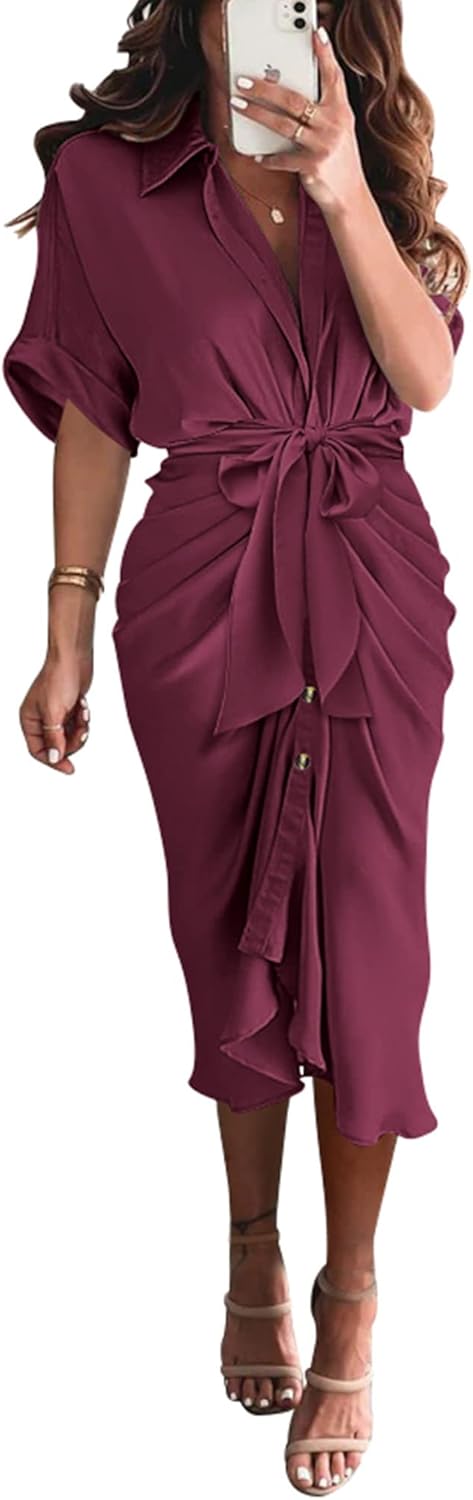 BTFBM Women Button Down Ruched Shirt Dresses Satin Short Sleeve Lapel V Neck Summer Maxi Dress 2025 Party Wedding Guest