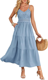 Dokuritu Women's Beach Crochet Lace Maxi Dress Solid Color Summer Vacation Spaghetti Strap Long Dress 2024