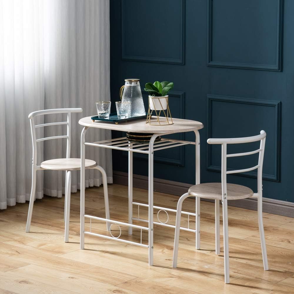 VINGLI 3 Piece Dining Set,Small Kitchen Table Set for 2,Breakfast Table Set,Kitchen Wooden Table and 2 Chairs for Small Space/Dining Room/Apartment,Metal Frame,Wine Rack,White&Light Oak