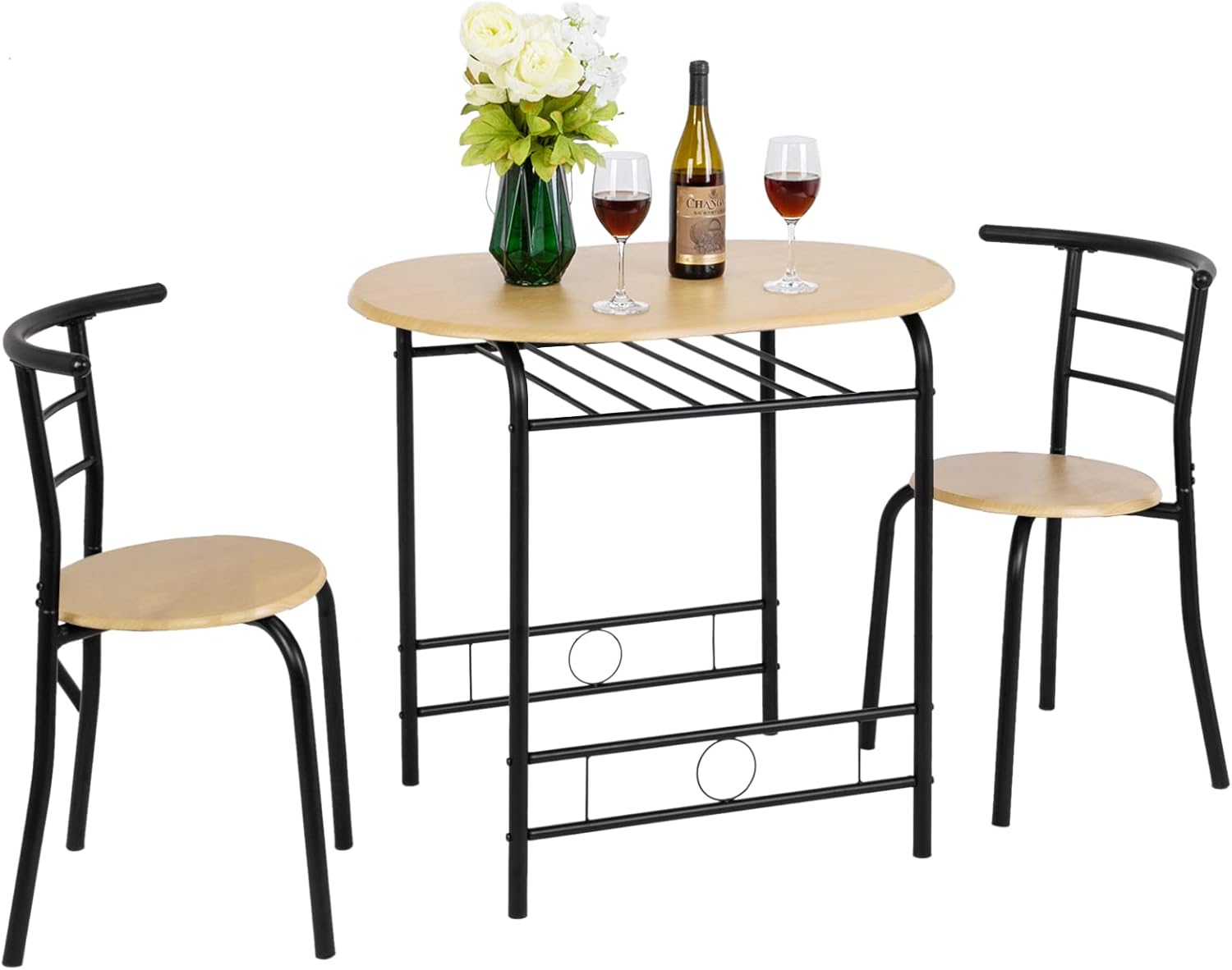VINGLI 3 Piece Dining Set,Small Kitchen Table Set for 2,Breakfast Table Set,Kitchen Wooden Table and 2 Chairs for Small Space/Dining Room/Apartment,Metal Frame,Wine Rack,White&Light Oak