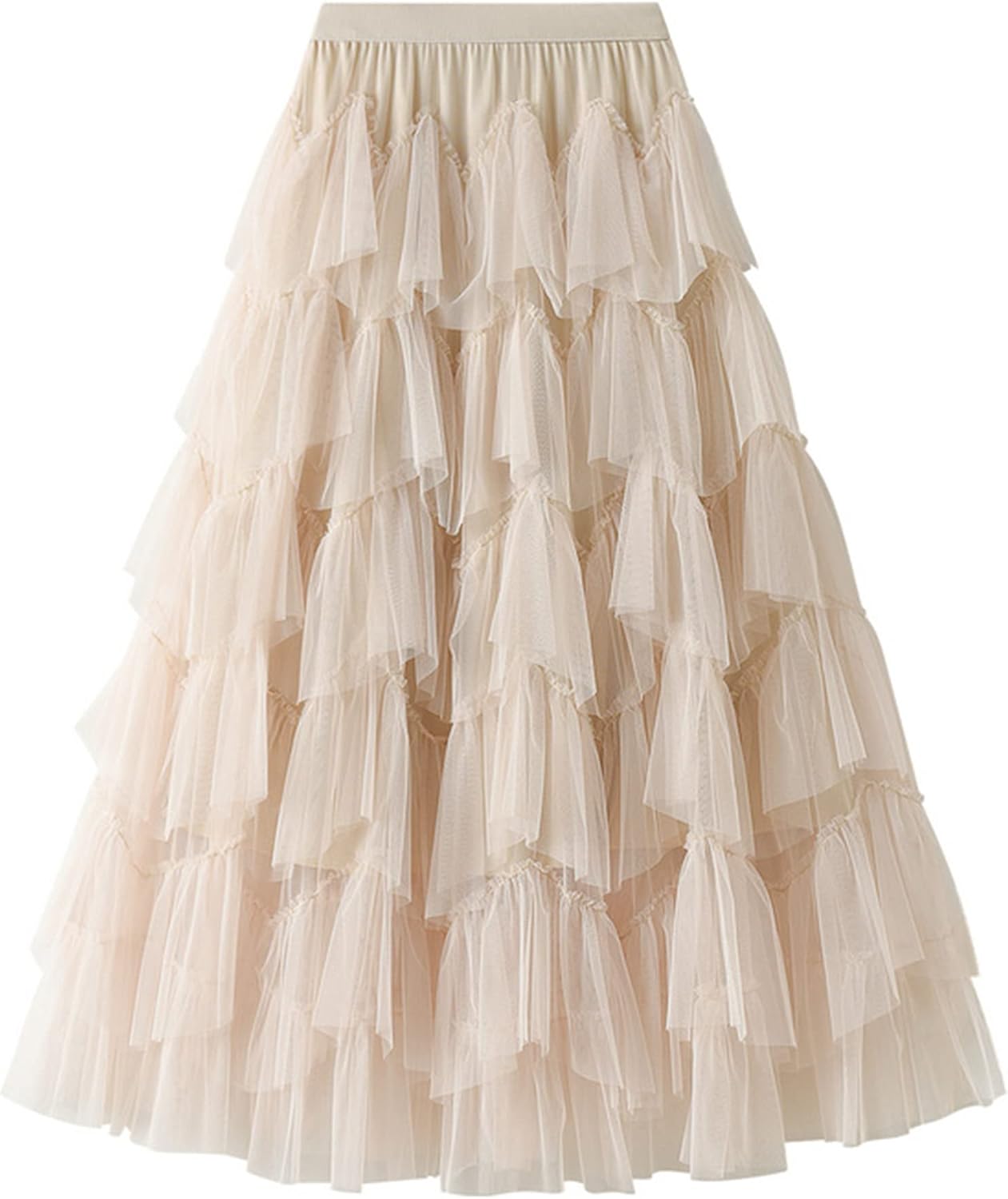 Dirholl Women's A-Line Fairy Patterned Elastic Waist Ruffle Mesh Layered Midi Skirt