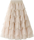 Dirholl Women's A-Line Fairy Patterned Elastic Waist Ruffle Mesh Layered Midi Skirt