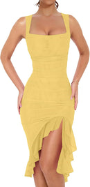 BORIFLORS Women's Sexy Ruched Bodycon Midi Dresses Square Neck Sleeveless Ruffle Hem Club Party Tank Dress