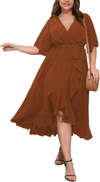 SCOMCHIC Women Plus Size Maxi Dress Short Sleeve Wrap V Neck High Low Split Ruffle Long Dress