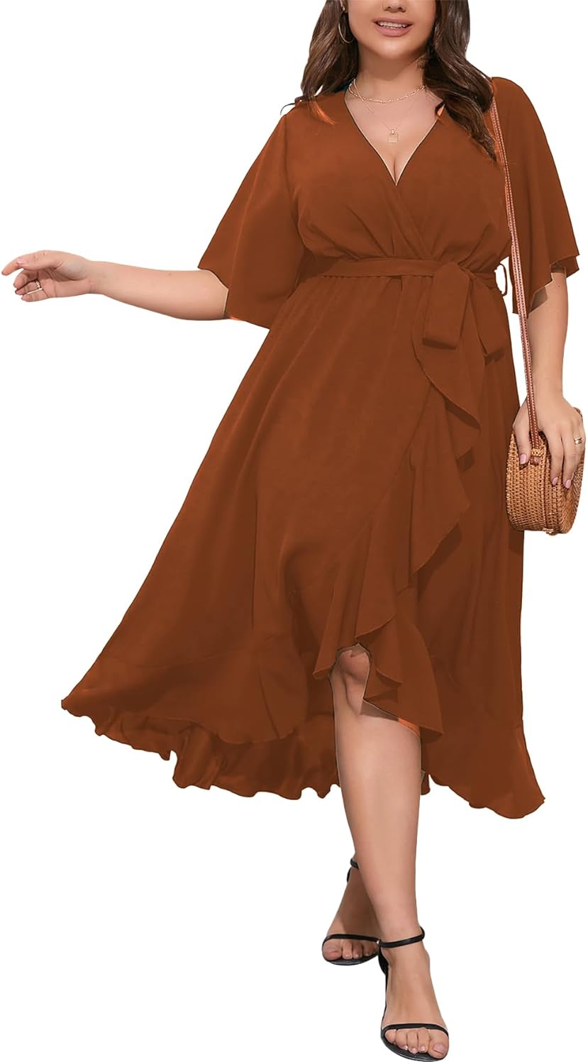 SCOMCHIC Women Plus Size Maxi Dress Short Sleeve Wrap V Neck High Low Split Ruffle Long Dress