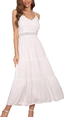 Dokuritu Women's Beach Crochet Lace Maxi Dress Solid Color Summer Vacation Spaghetti Strap Long Dress 2024