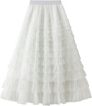 Dirholl Women's A-Line Fairy Patterned Elastic Waist Ruffle Mesh Layered Midi Skirt