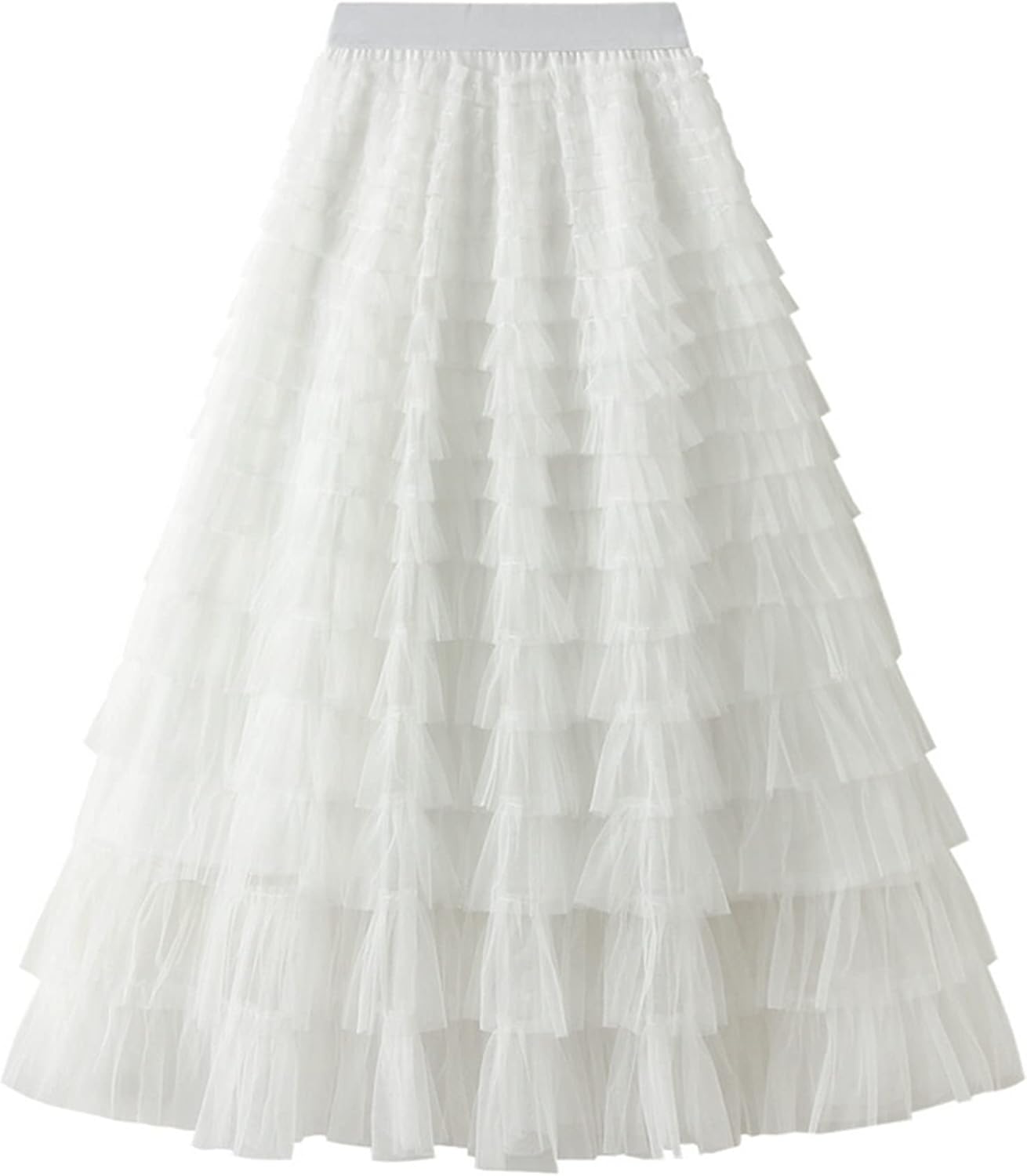 Dirholl Women's A-Line Fairy Patterned Elastic Waist Ruffle Mesh Layered Midi Skirt