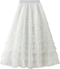 Dirholl Women's A-Line Fairy Patterned Elastic Waist Ruffle Mesh Layered Midi Skirt