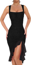 BORIFLORS Women's Sexy Ruched Bodycon Midi Dresses Square Neck Sleeveless Ruffle Hem Club Party Tank Dress