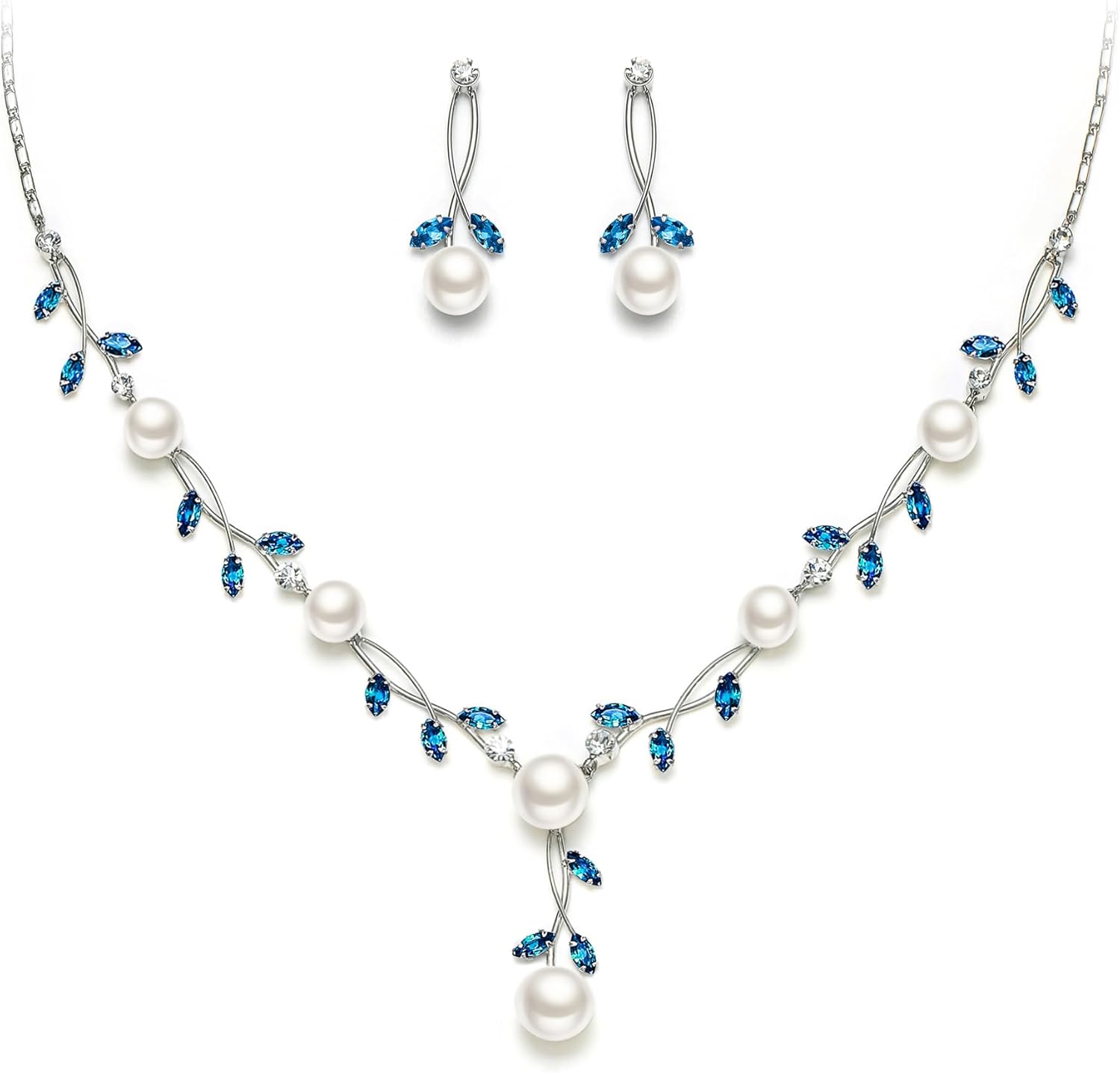 EVER FAITH Wedding Pearl Jewelry for Bride CZ Crystal Simulated Pearls Floral Vine Filigree Bridal Necklace Earrings Set