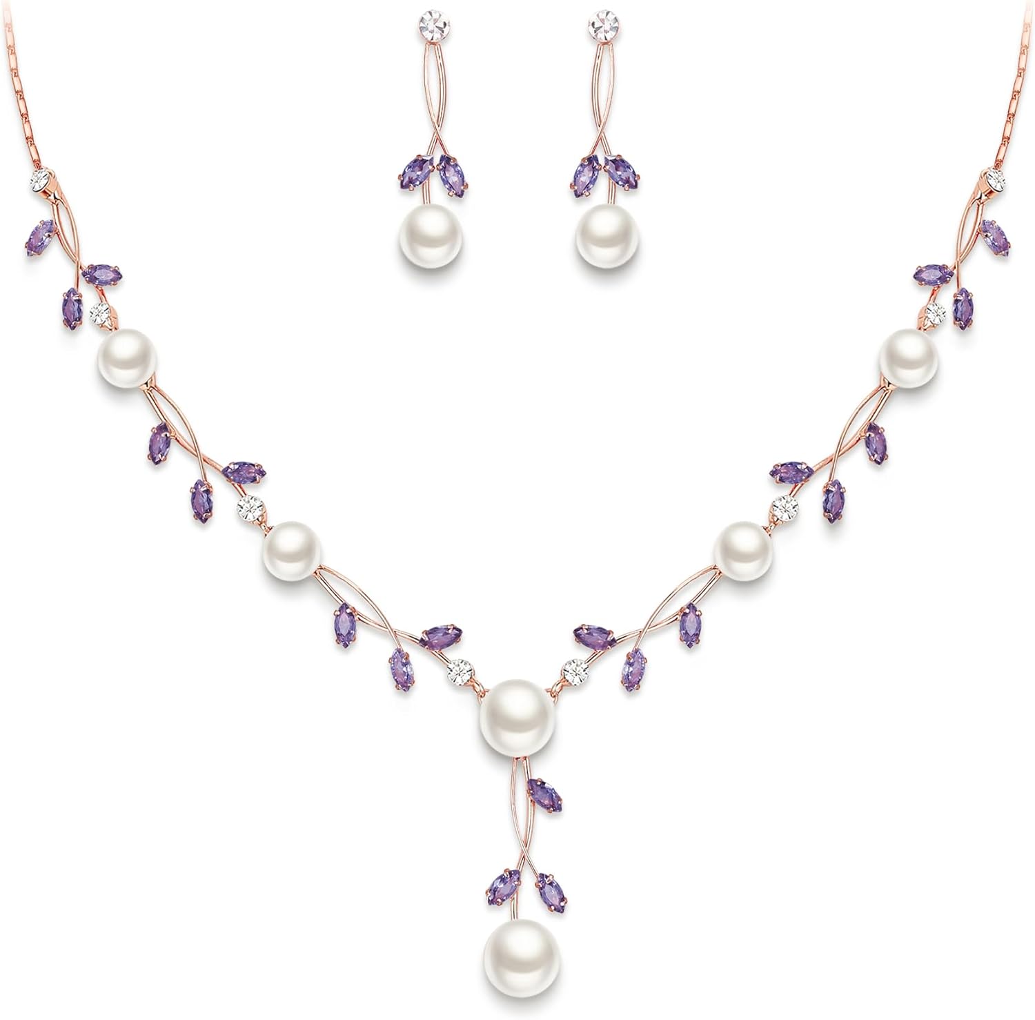 EVER FAITH Wedding Pearl Jewelry for Bride CZ Crystal Simulated Pearls Floral Vine Filigree Bridal Necklace Earrings Set