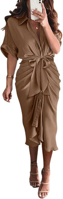 BTFBM Women Button Down Ruched Shirt Dresses Satin Short Sleeve Lapel V Neck Summer Maxi Dress 2025 Party Wedding Guest