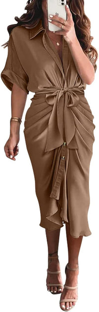 BTFBM Women Button Down Ruched Shirt Dresses Satin Short Sleeve Lapel V Neck Summer Maxi Dress 2025 Party Wedding Guest
