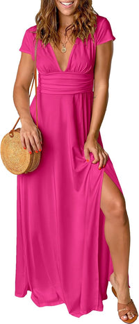 ANRABESS Women Summer Deep V Neck Short Sleeve Dresses Slit Elegant Wedding Guest Formal Cocktail Evening Maxi Long Dress