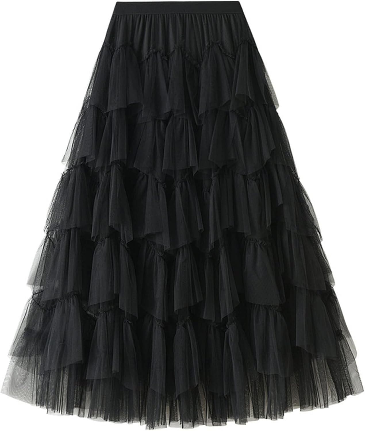 Dirholl Women's A-Line Fairy Patterned Elastic Waist Ruffle Mesh Layered Midi Skirt