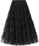 Dirholl Women's A-Line Fairy Patterned Elastic Waist Ruffle Mesh Layered Midi Skirt