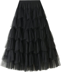 Dirholl Women's A-Line Fairy Patterned Elastic Waist Ruffle Mesh Layered Midi Skirt