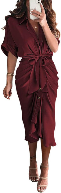 BTFBM Women Button Down Ruched Shirt Dresses Satin Short Sleeve Lapel V Neck Summer Maxi Dress 2025 Party Wedding Guest
