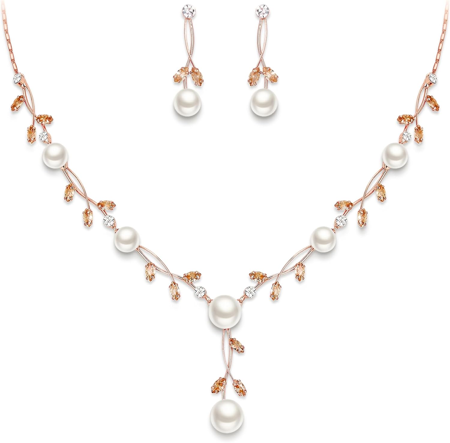 EVER FAITH Wedding Pearl Jewelry for Bride CZ Crystal Simulated Pearls Floral Vine Filigree Bridal Necklace Earrings Set