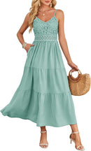 Dokuritu Women's Beach Crochet Lace Maxi Dress Solid Color Summer Vacation Spaghetti Strap Long Dress 2024