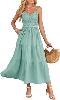 Dokuritu Women's Beach Crochet Lace Maxi Dress Solid Color Summer Vacation Spaghetti Strap Long Dress 2024