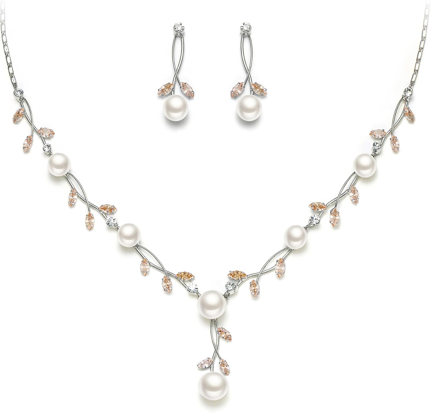 EVER FAITH Wedding Pearl Jewelry for Bride CZ Crystal Simulated Pearls Floral Vine Filigree Bridal Necklace Earrings Set