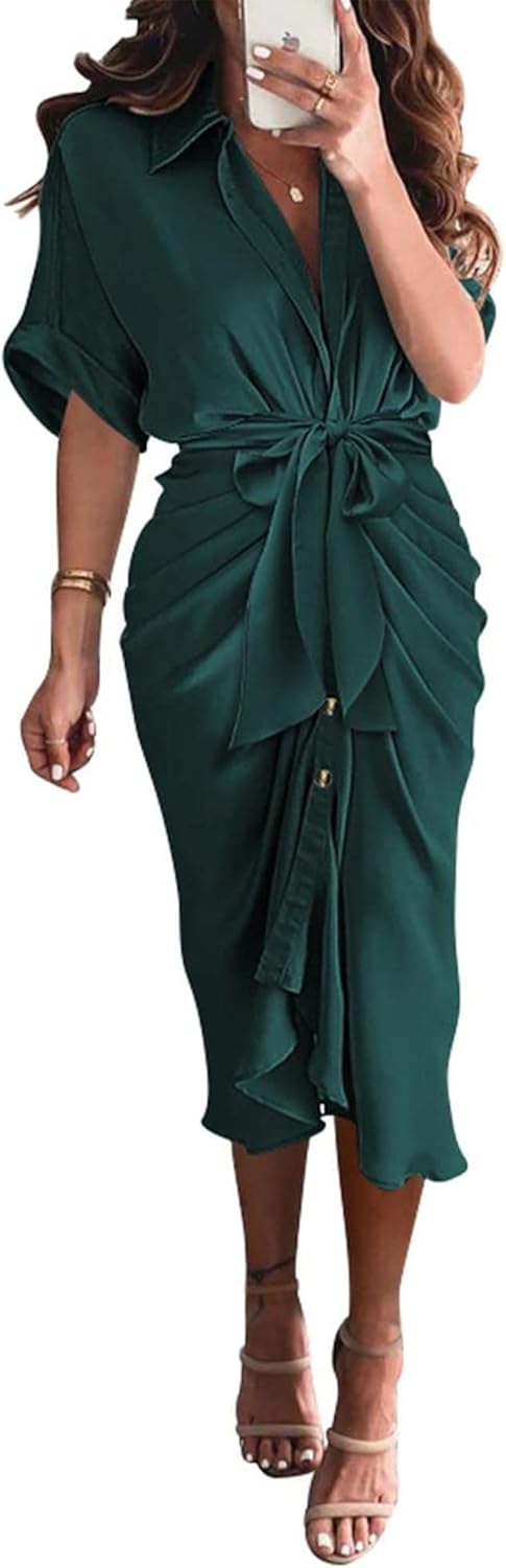 BTFBM Women Button Down Ruched Shirt Dresses Satin Short Sleeve Lapel V Neck Summer Maxi Dress 2025 Party Wedding Guest