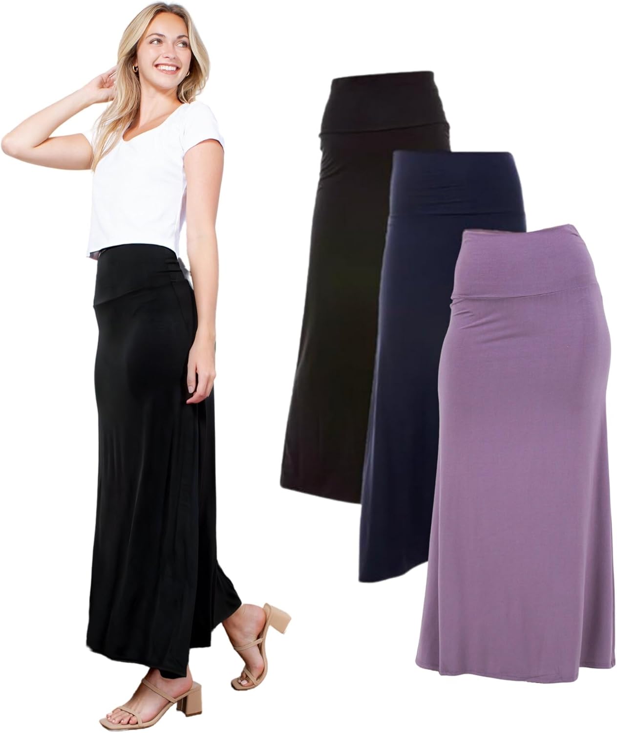 Azules Women's Maxi Skirt: Elegant, Soft, Stretchy Flowy Rayon Boho, High Waist Fold Over – Versatile for Any Occasion.