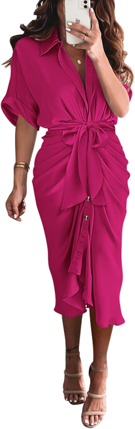 BTFBM Women Button Down Ruched Shirt Dresses Satin Short Sleeve Lapel V Neck Summer Maxi Dress 2025 Party Wedding Guest