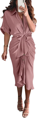 BTFBM Women Button Down Ruched Shirt Dresses Satin Short Sleeve Lapel V Neck Summer Maxi Dress 2025 Party Wedding Guest