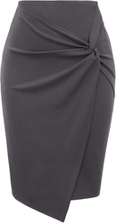Kate Kasin Wear to Work Pencil Skirts for Women Elastic High Waist Wrap Front Knee Length Bodycon Skirt Tummy Control