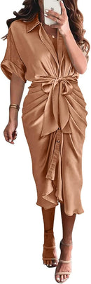 BTFBM Women Button Down Ruched Shirt Dresses Satin Short Sleeve Lapel V Neck Summer Maxi Dress 2025 Party Wedding Guest