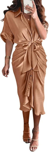 BTFBM Women Button Down Ruched Shirt Dresses Satin Short Sleeve Lapel V Neck Summer Maxi Dress 2025 Party Wedding Guest