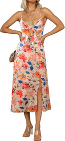 Fashionme Women Spaghetti Strap Midi Satin Dresses Tie Front Backless Split Hollow Dress