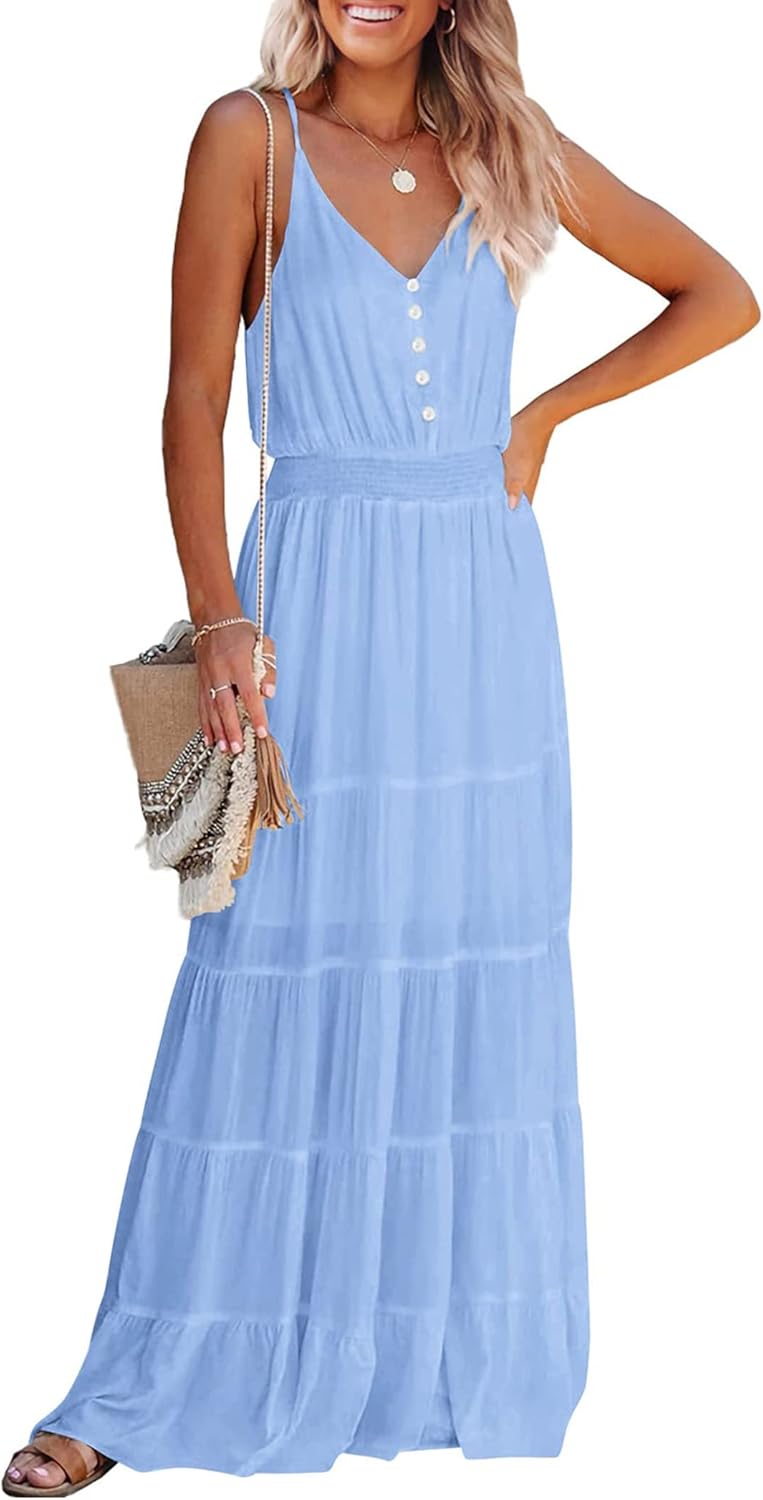PRETTYGARDEN Sundress for Women 2025 Summer Spaghetti Strap Sleeveless High Waist Beach Long Maxi Dresses