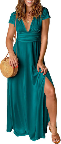 ANRABESS Women Summer Deep V Neck Short Sleeve Dresses Slit Elegant Wedding Guest Formal Cocktail Evening Maxi Long Dress